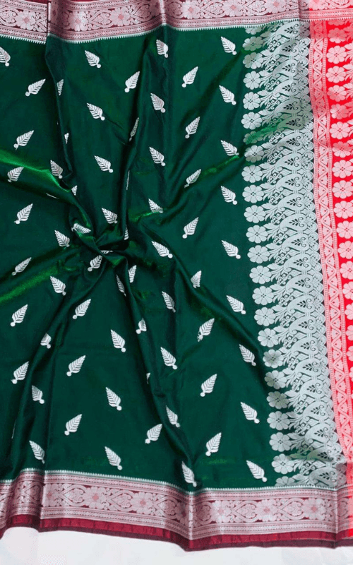 Green Banarasi Saree with Silver Floral Border