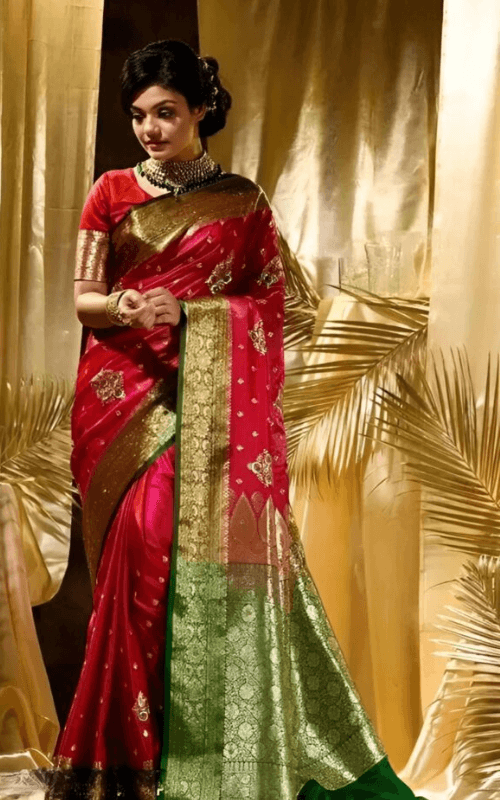 Banarasi Silk Sarees in Red, Navy Blue & Green with Embroidery