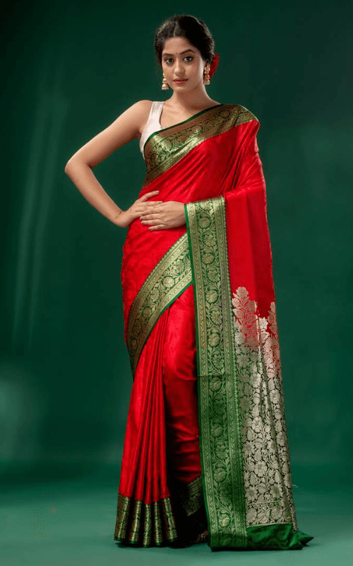 Red & Royal Blue Banarasi Silk Saree with Rich Green Zari Border