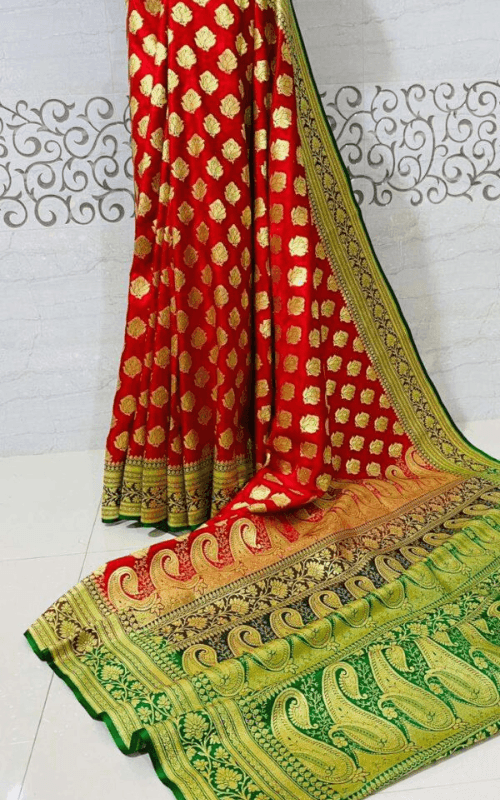 Red & Green Zari Work Banarasi Silk Saree