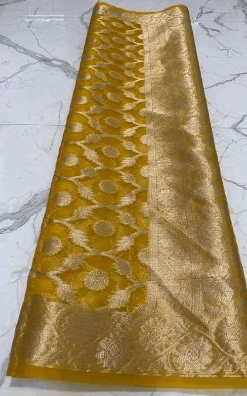 Yellow,Pink,Orange,Red & Green Banarasi Saree With Zari Work