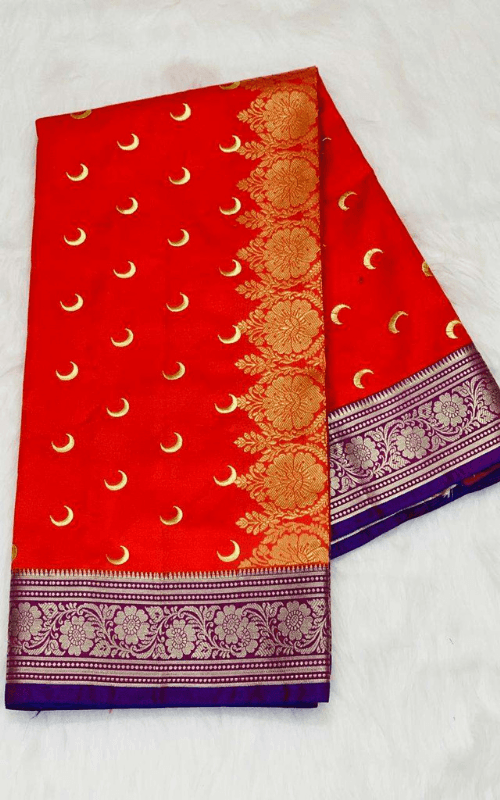 Orange & Black Banarasi Saree with Heart Border,Leaf Border & Purple Border Zari