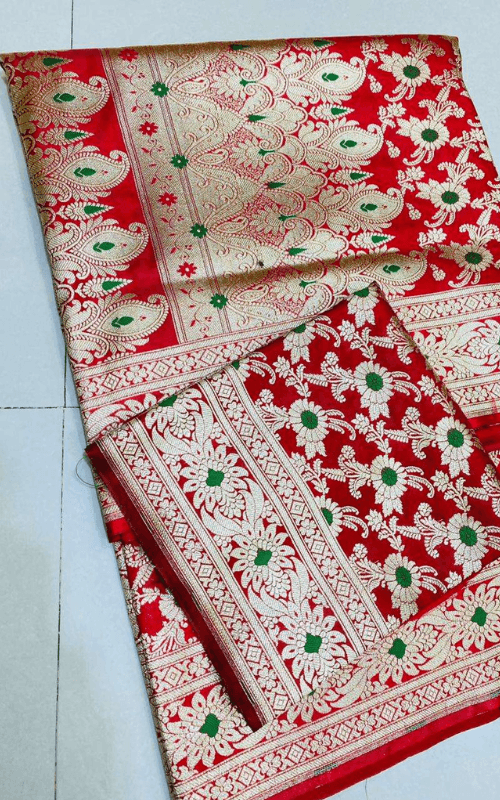 Red Banarasi Silk Saree with Green Meena Zari Work